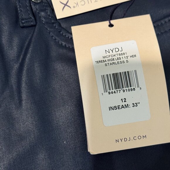 NYDJ Teresa Wide-Leg Faux Leather Pants navy button zip 5 pockets sz 12 starless - Picture 3 of 16